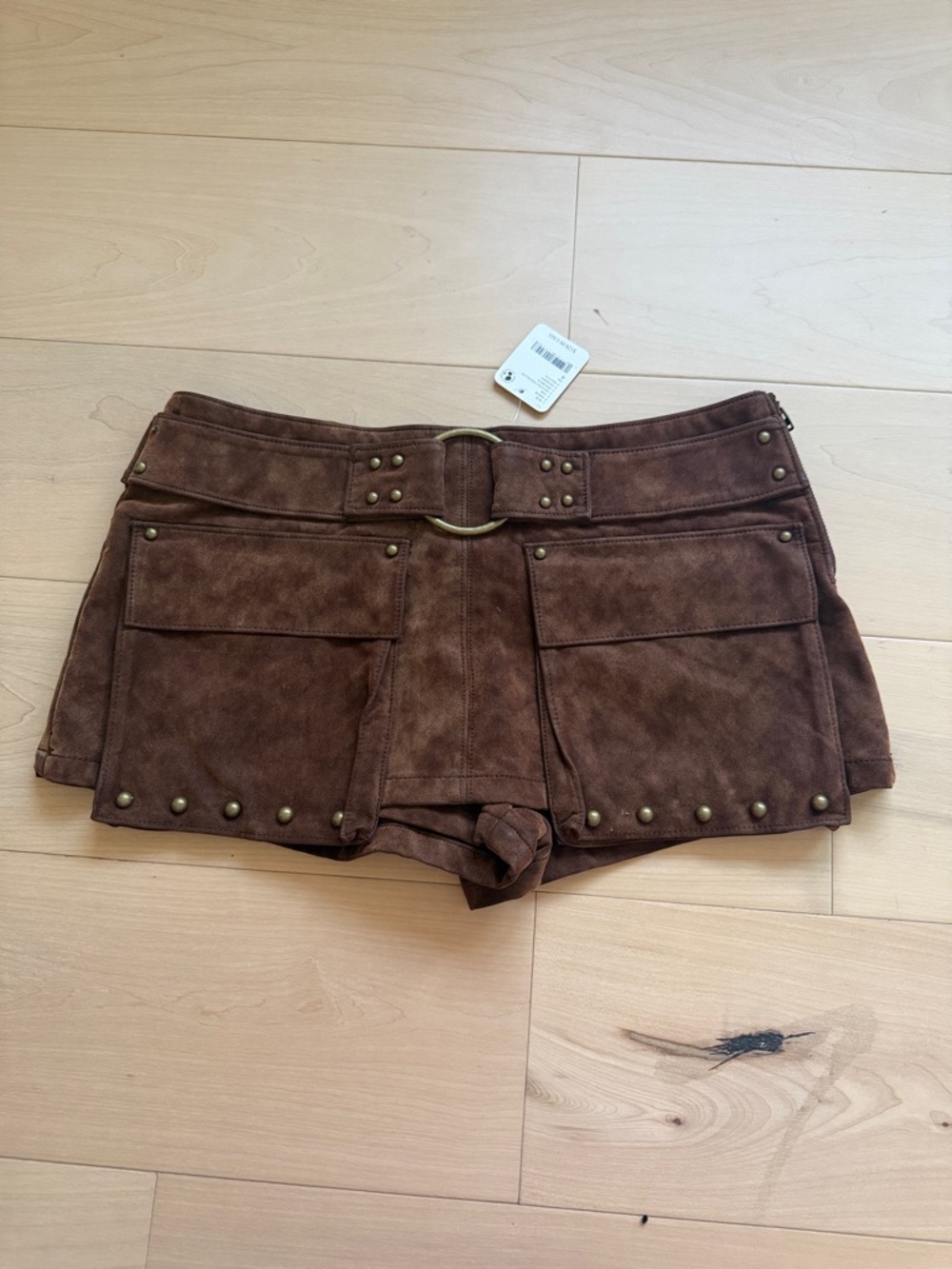 Free People Brown Suede-Look Utility Shorts with Ring Belt